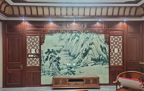 三明中式仿古别墅客厅背景墙花格木作装饰